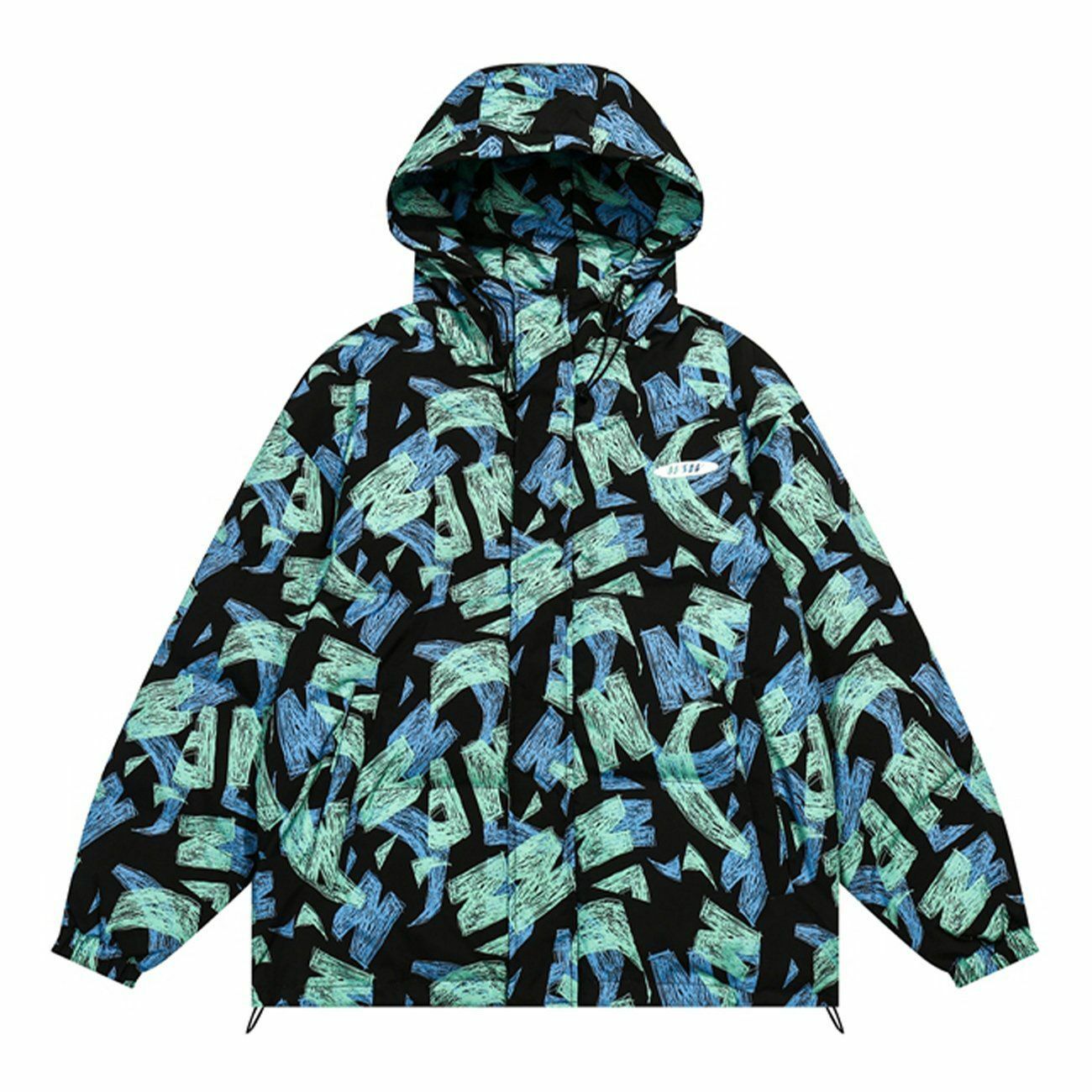 Y2K Graffiti Full Print Hooded Winter Coat - Retro 90s Grunge Style for Y2K Outfits