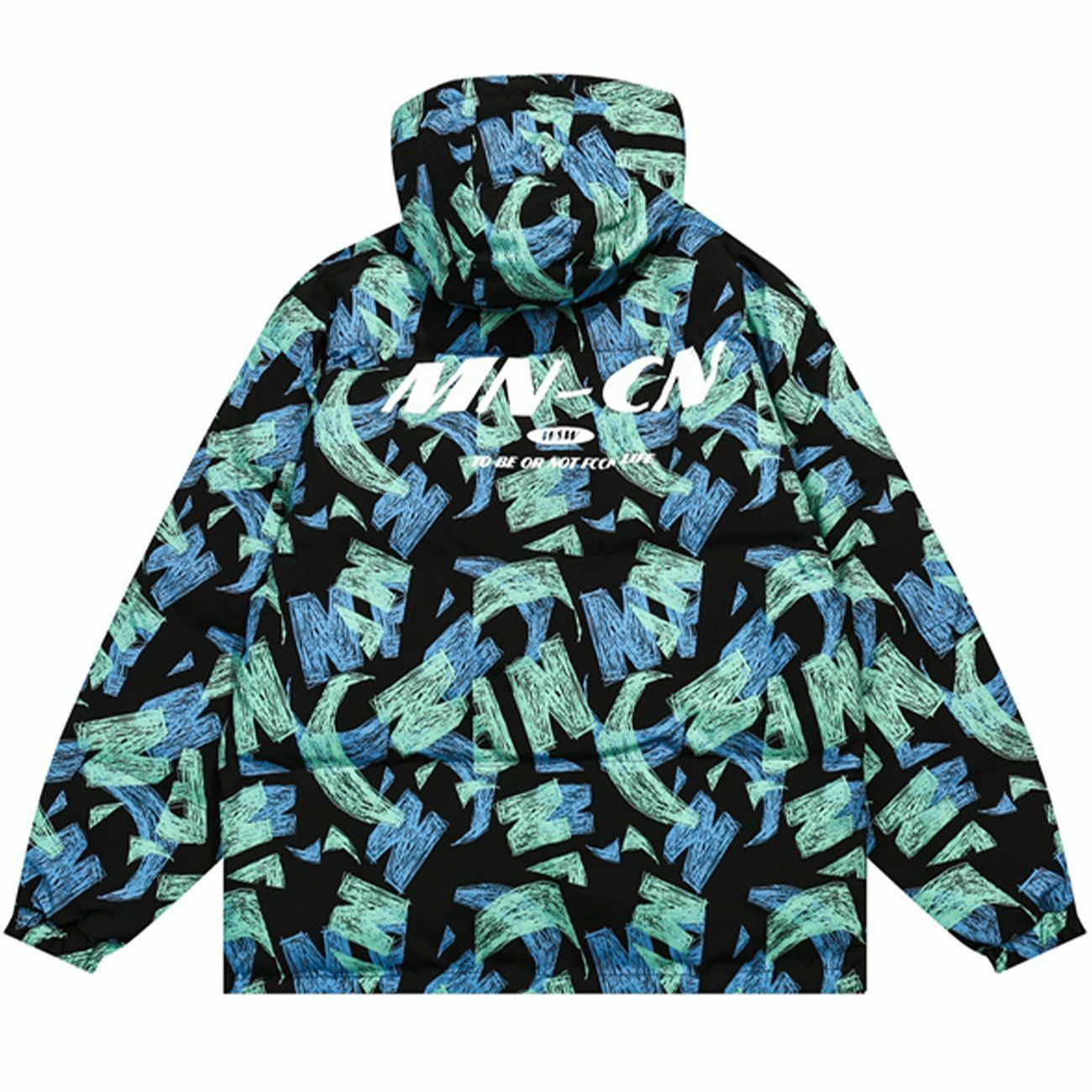 Y2K Graffiti Full Print Hooded Winter Coat - Retro 90s Grunge Style for Y2K Outfits