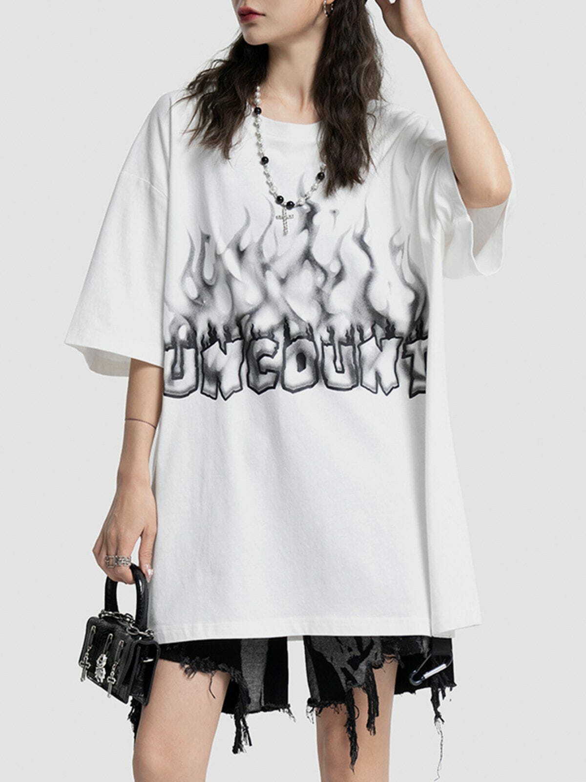 Y2K Grunge 3D Flame Letter Print Hole Tee - Retro 90s Summer Outfit for Party Vibes