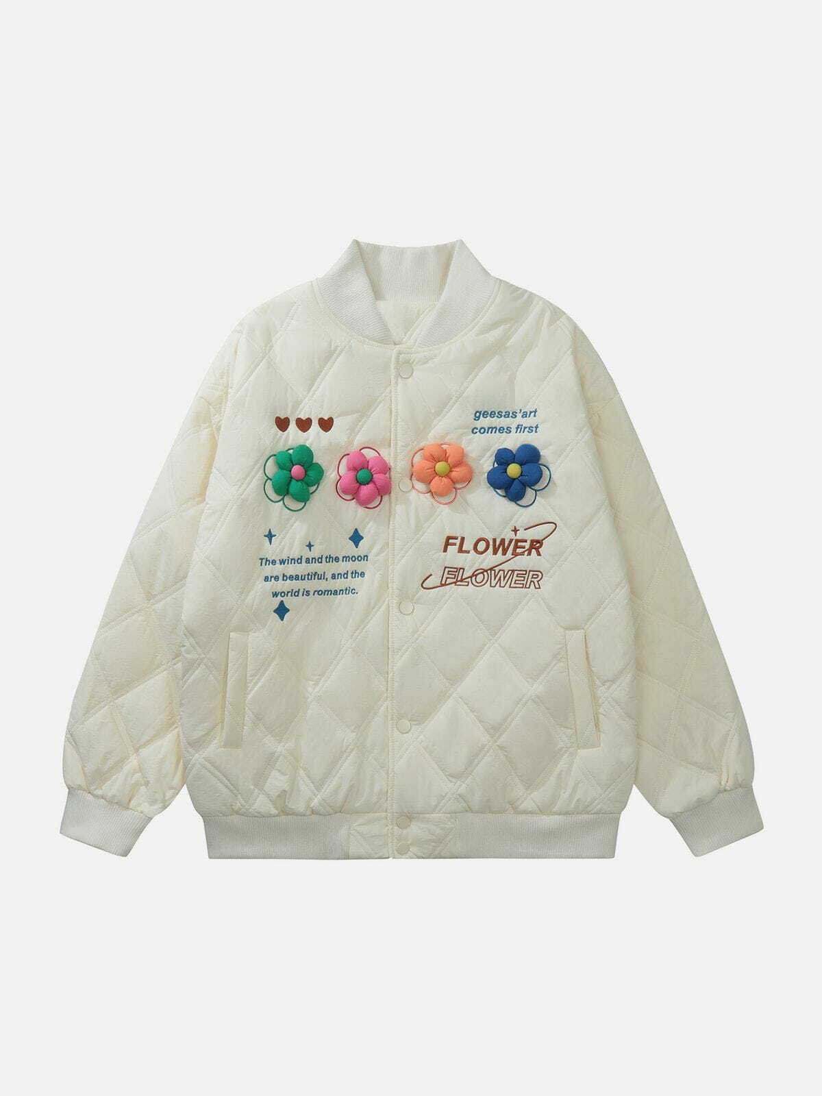 Y2K Grunge 3D Flower Embroidered Letters Winter Coat - Retro 90s Fashion Statement Piece