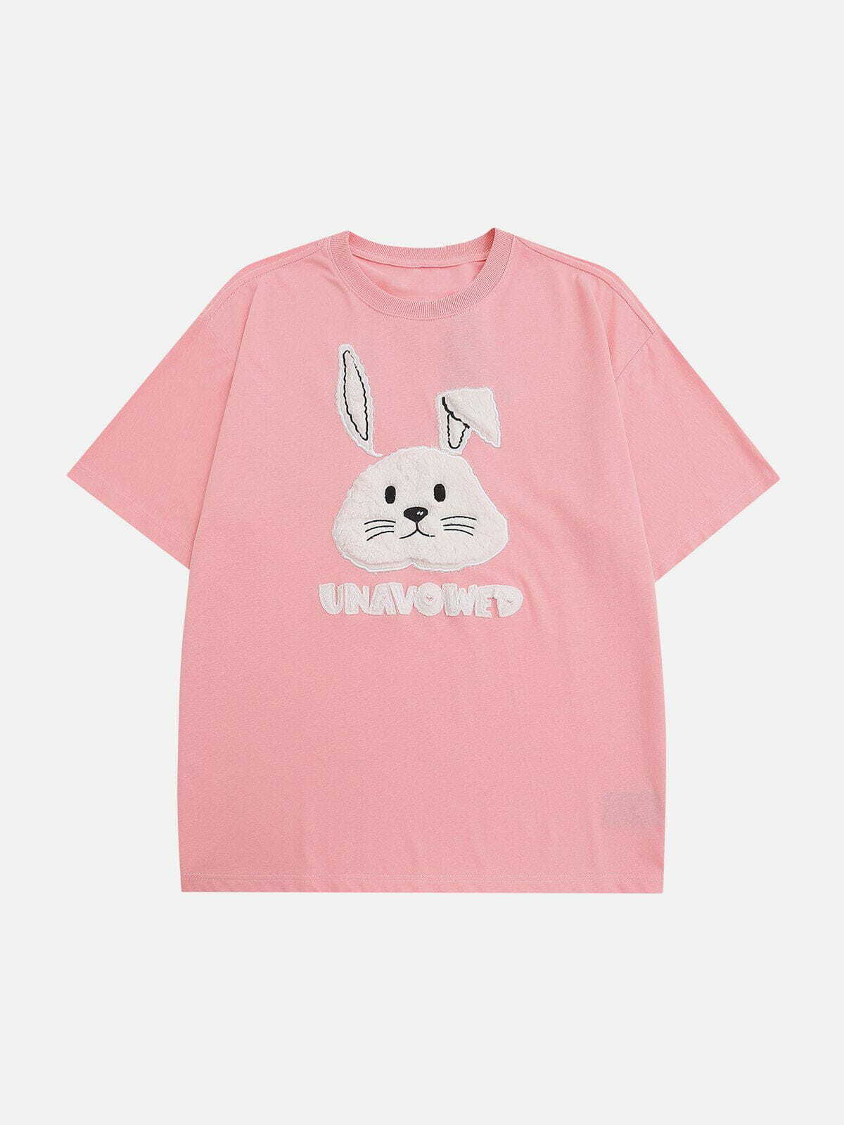 Y2K Grunge 3D Rabbit Embroidery Tee - Retro 90s Summer Outfit for Y2K Fashion Lovers