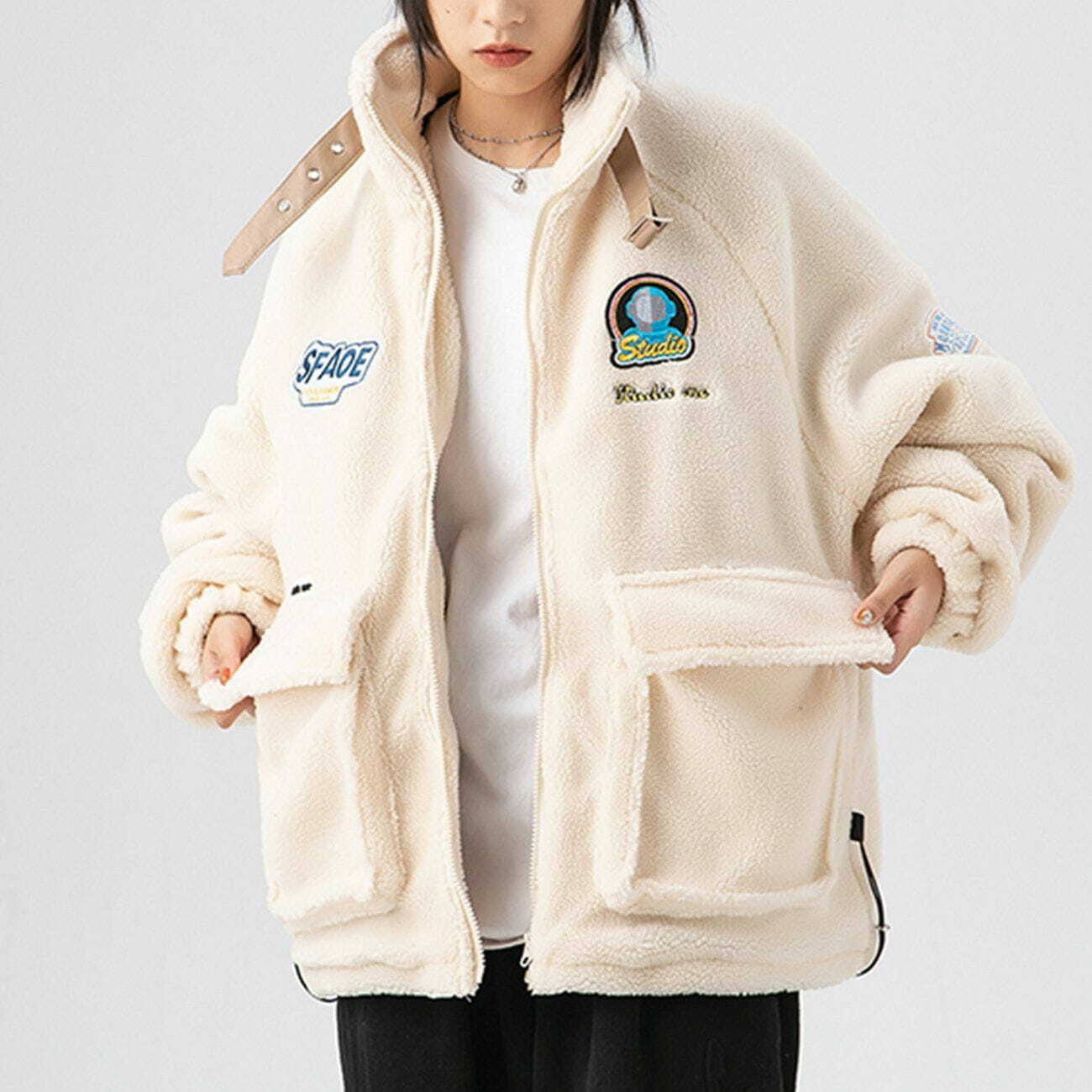 Y2K Grunge Astronaut Letter Embroidery Sherpa Coat - Retro 90s Fashion Winter Outfit