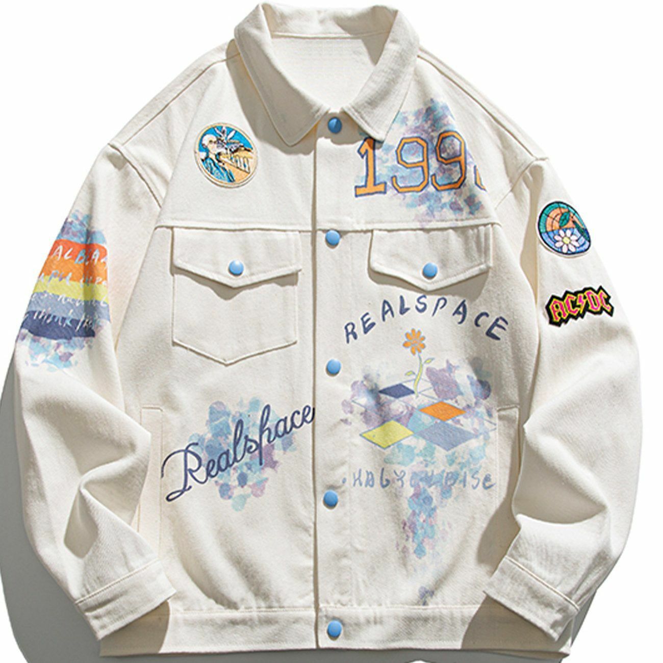 Y2K Grunge Badge Collage Rendering Jacket - Retro 90s Summer Outfit for Party Vibes