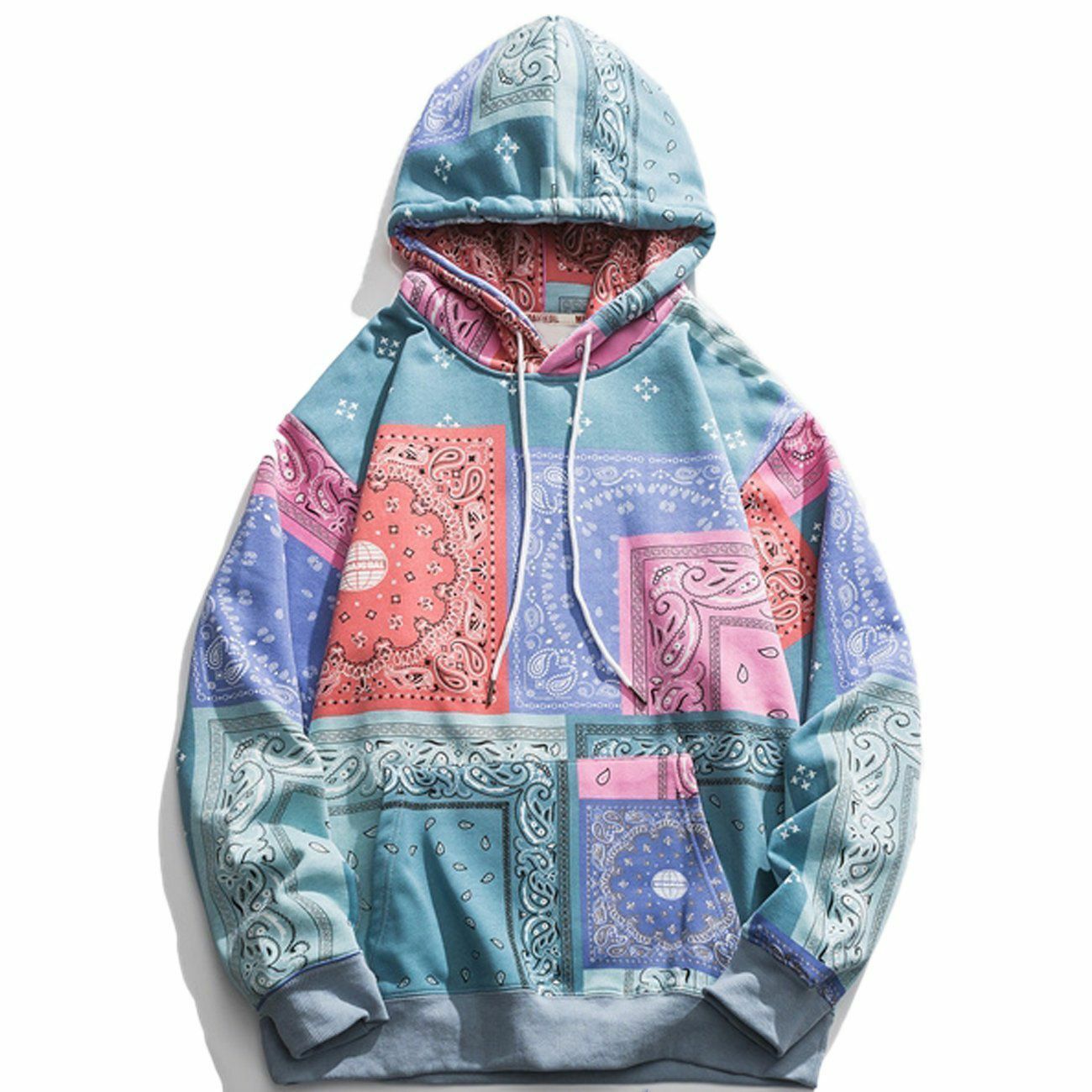 Y2K Grunge Bandana Print Panel Hoodie - Retro 90s Summer Outfit for Trendy Women