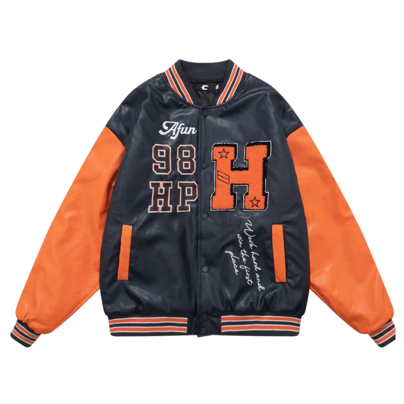 Y2K Grunge Baseball Jacket in Blue & Orange - Retro 90s Summer Outfit Essential