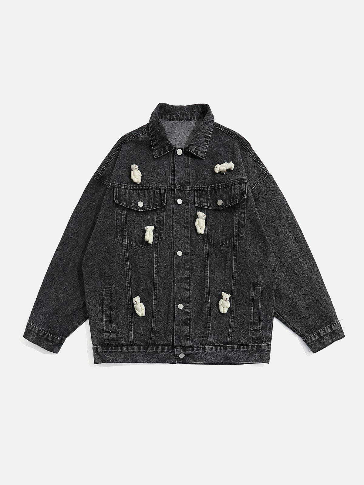 Y2K Grunge Bear Denim Jacket - Retro 90s Summer Outfit, Y2K Party & Club Style