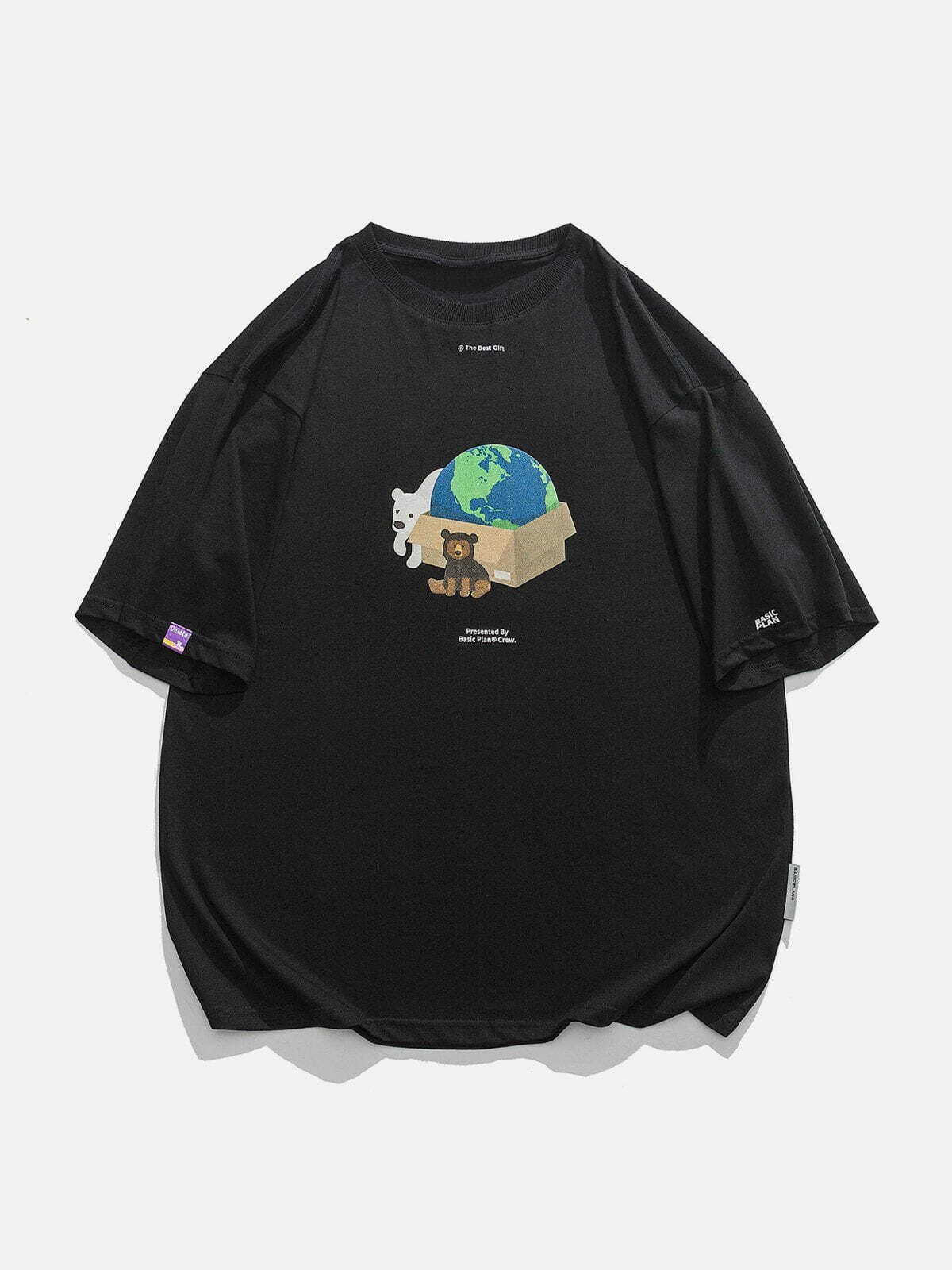 Y2K Grunge Bear Gift Earth Print Tee - Retro 90s Summer Outfit for Y2K Vibes