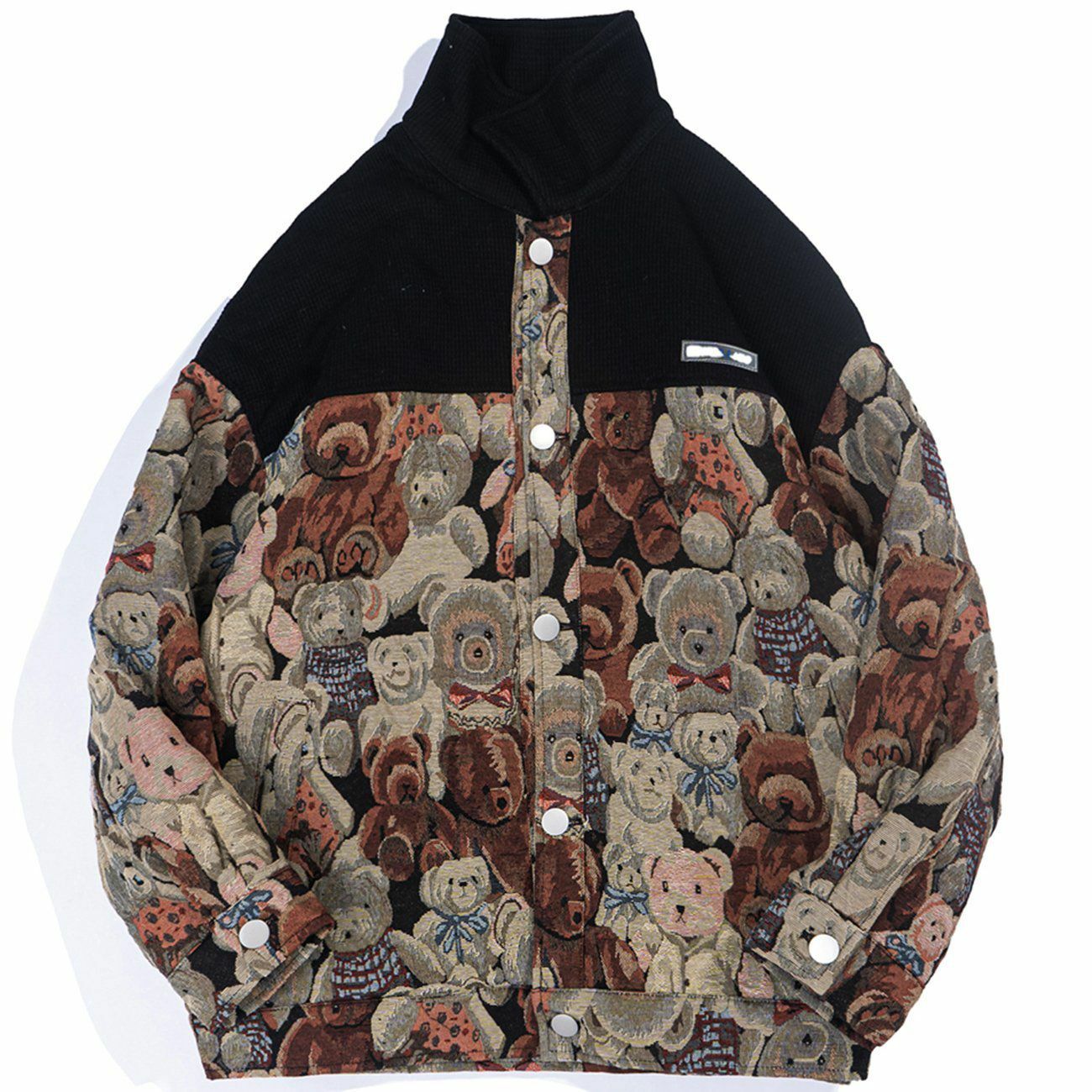 Y2K Grunge Bear Jacquard Patchwork Winter Coat - Retro 90s Fashion for Y2K Outfits