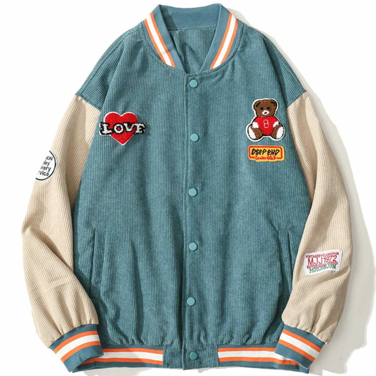 Y2K Grunge Bear Love Embroidery Patchwork Corduroy Jacket for Retro 90s Summer Outfits