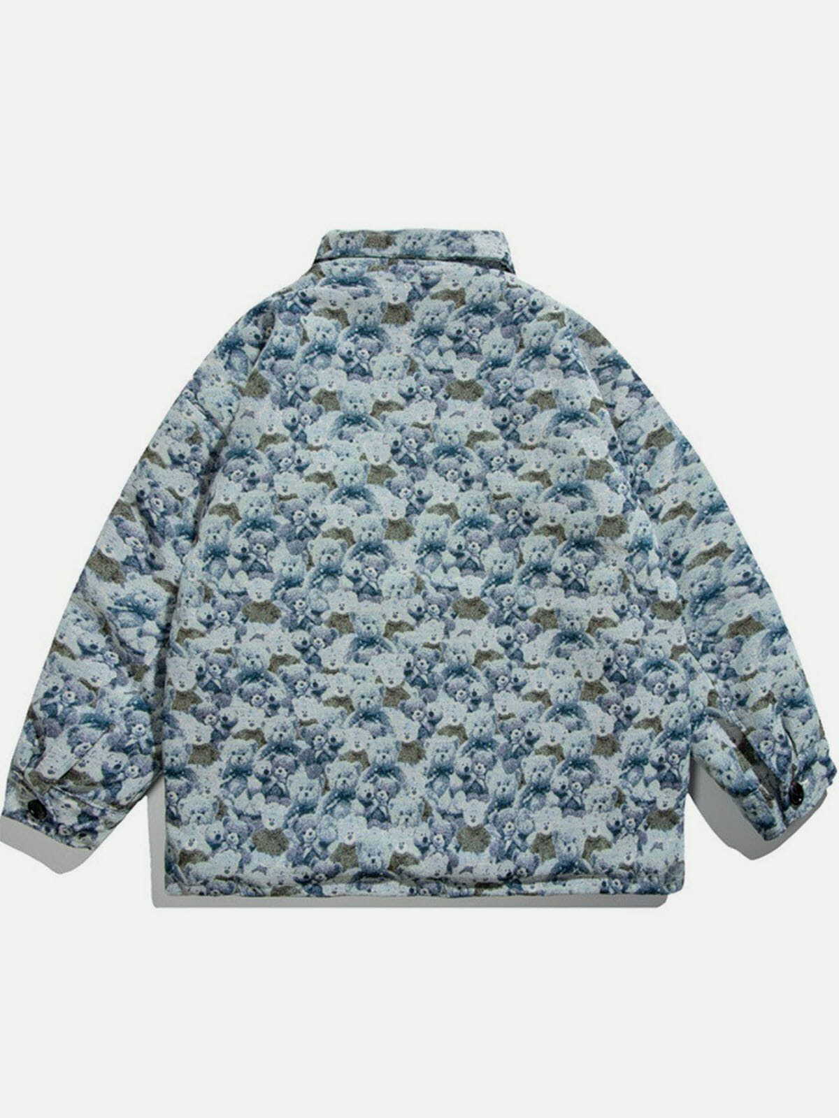 Y2K Grunge Bear Print Button-Up Winter Coat - Retro 90s Fashion for Y2K Outfits