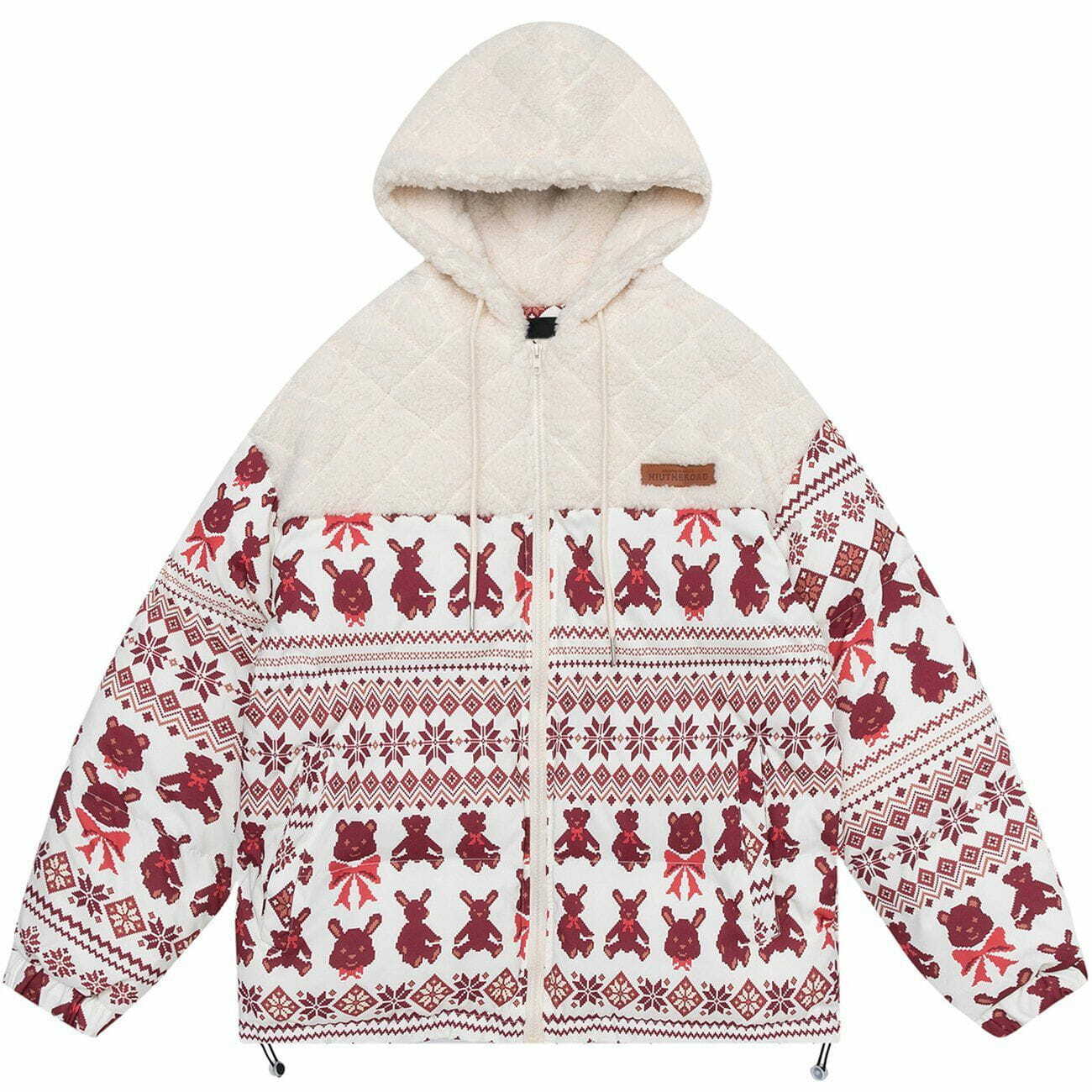 Y2K Grunge Bear Print Patchwork Sherpa Coat - Retro 90s Winter Outfit for Y2K Style