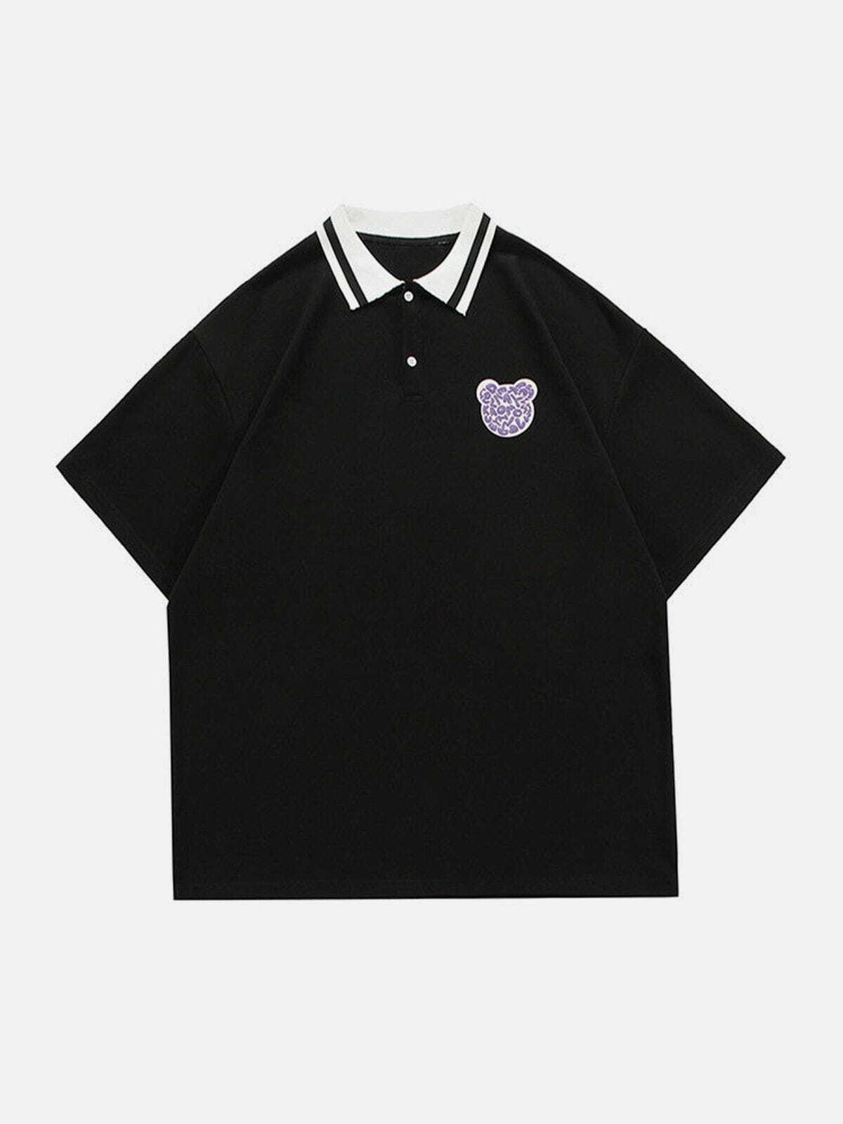 Y2K Grunge Bear Print Polo Collar Tee - Retro 90s Summer Outfit for Y2K Vibes