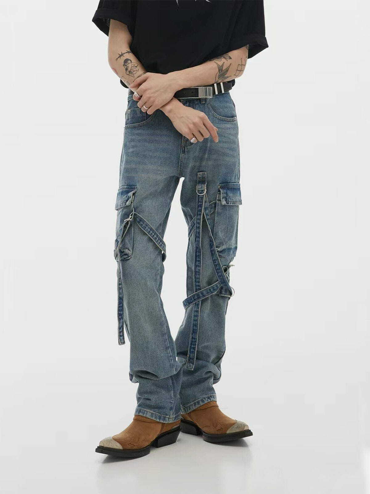 Y2K Grunge Big Pocket Tie Jeans - Retro 90s Summer Outfit for Y2K Party & Club Vibes