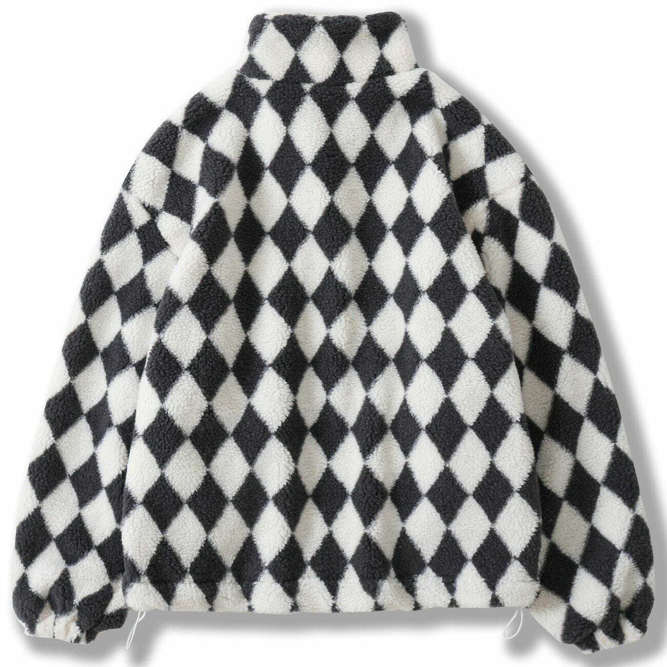 Y2K Grunge Black and White Checkerboard Sherpa Jacket for Retro 90s Summer Outfits