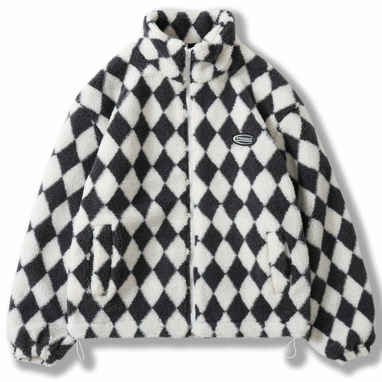 Y2K Grunge Black and White Checkerboard Sherpa Jacket for Retro 90s Summer Outfits