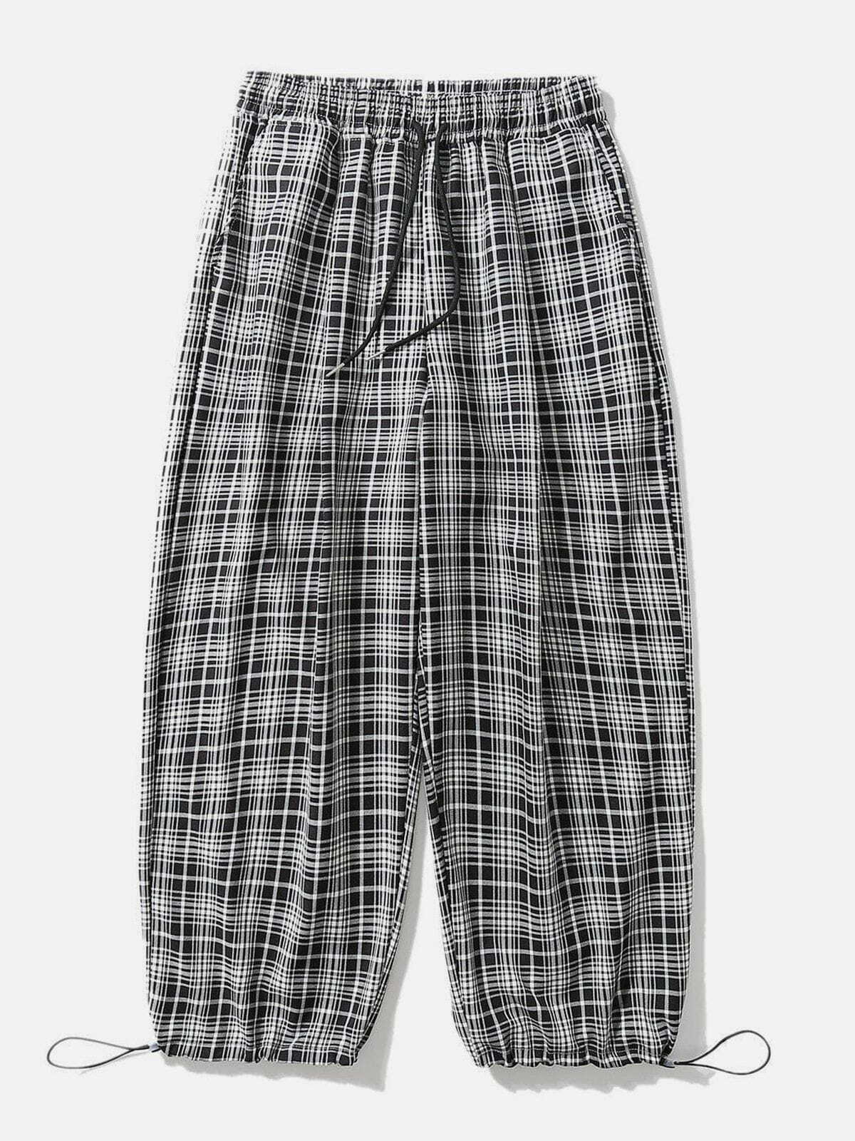 Y2K Grunge Black and White Plaid Drawstring Casual Pants for Retro Summer Outfits