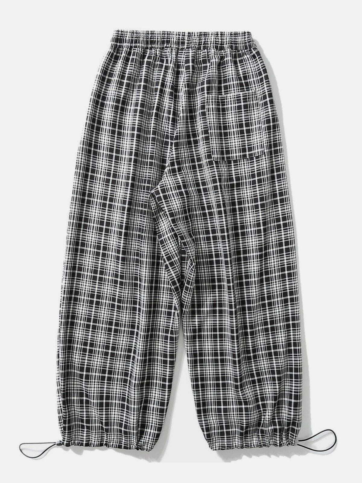 Y2K Grunge Black and White Plaid Drawstring Casual Pants for Retro Summer Outfits