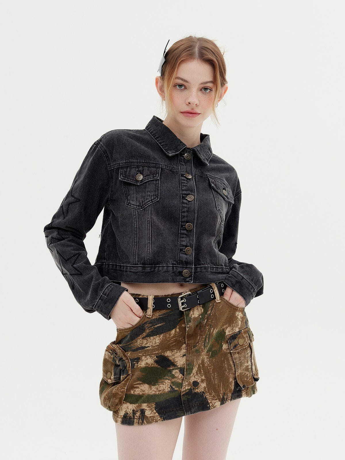 Y2K Grunge Bloom Crop Denim Jacket - Retro 90s Summer Outfit for Y2K Party & Club Looks