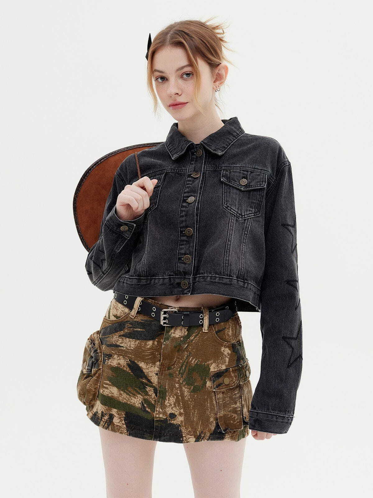 Y2K Grunge Bloom Crop Denim Jacket - Retro 90s Summer Outfit for Y2K Party & Club Looks