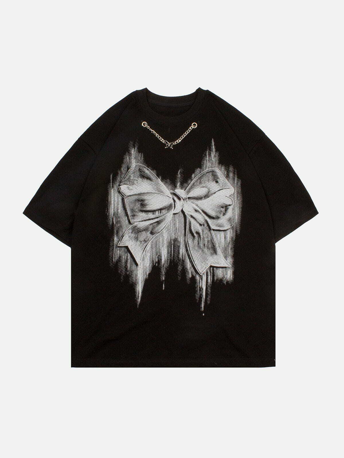 Y2K Grunge Bow Tie Paint Tee - Retro 90s Summer Outfit for Y2K Party & Club Vibes