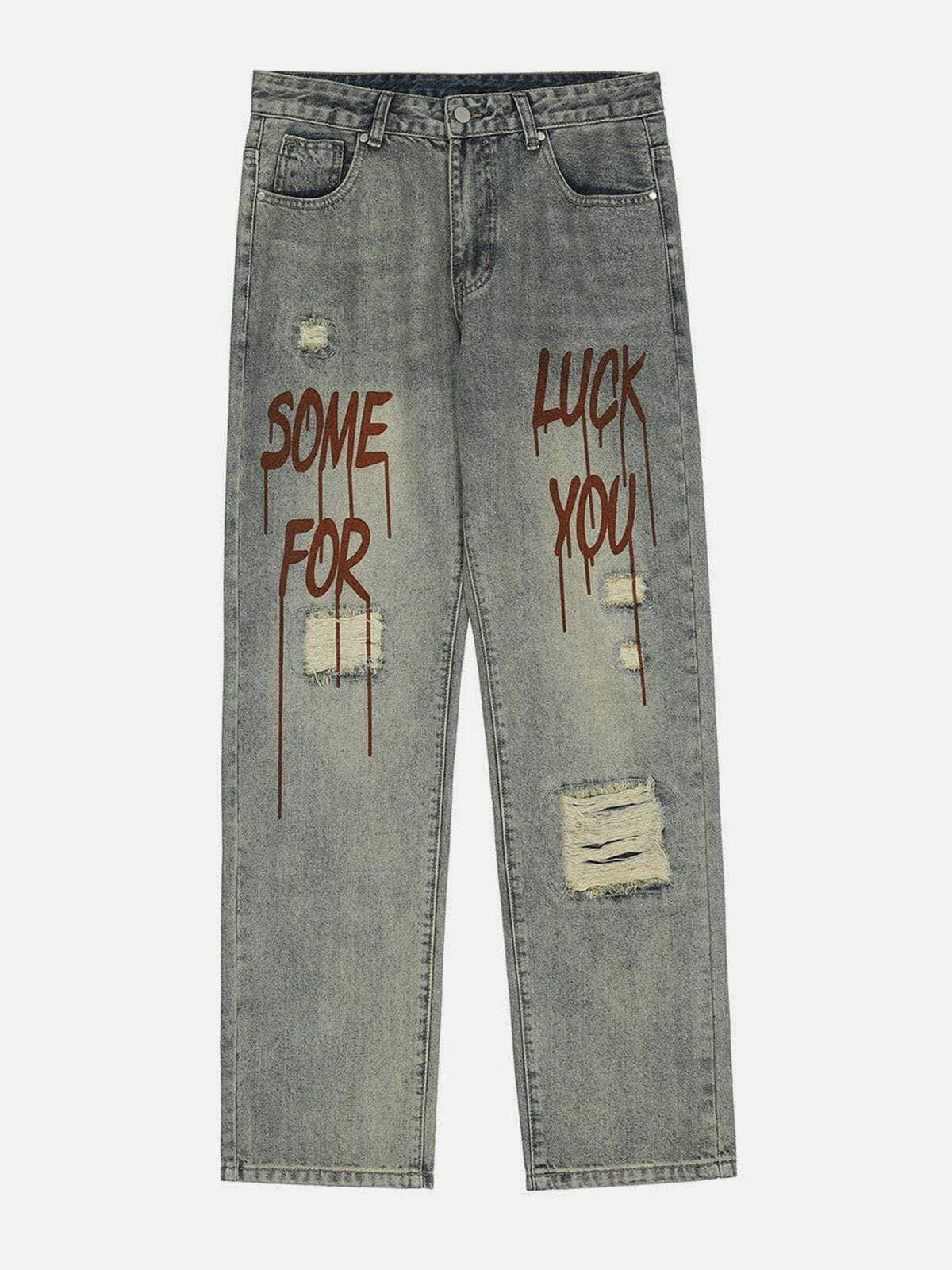 Y2K Grunge Broken Letters Jeans - Retro 90s Summer Outfit for Y2K Party & Club Vibes