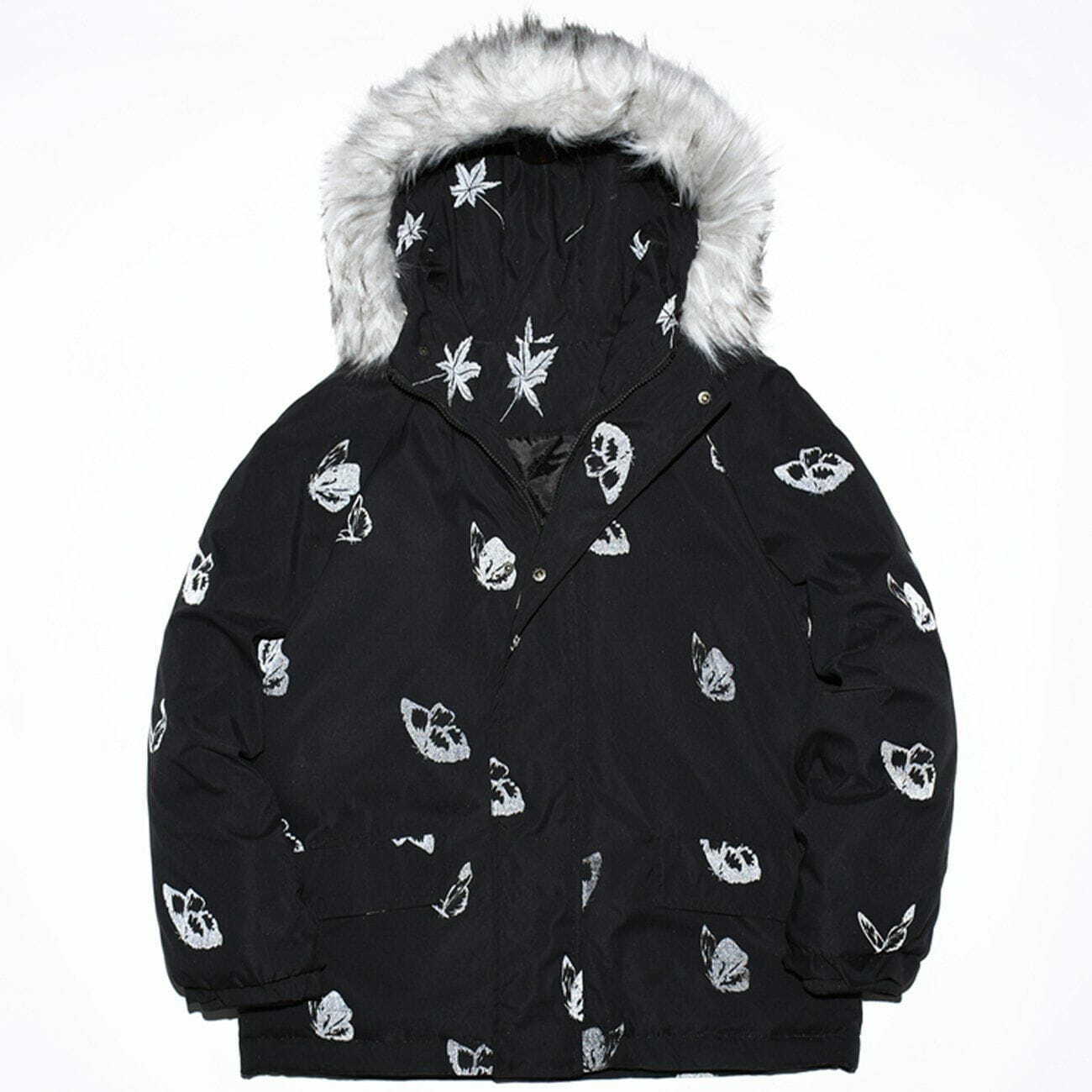 Y2K Grunge Butterfly Fur Collar Hooded Winter Coat - Retro 90s Fashion Statement Piece