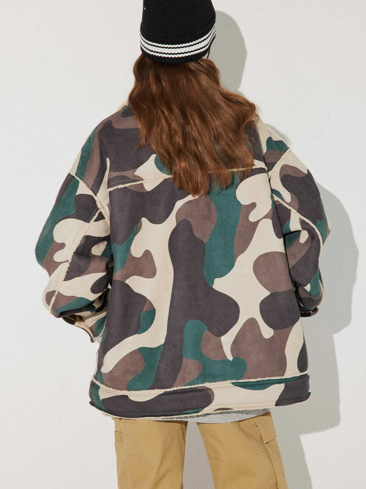 Y2K Grunge Camouflage Panel Sherpa Coat - Retro 90s Fashion for Summer Parties & Outfits