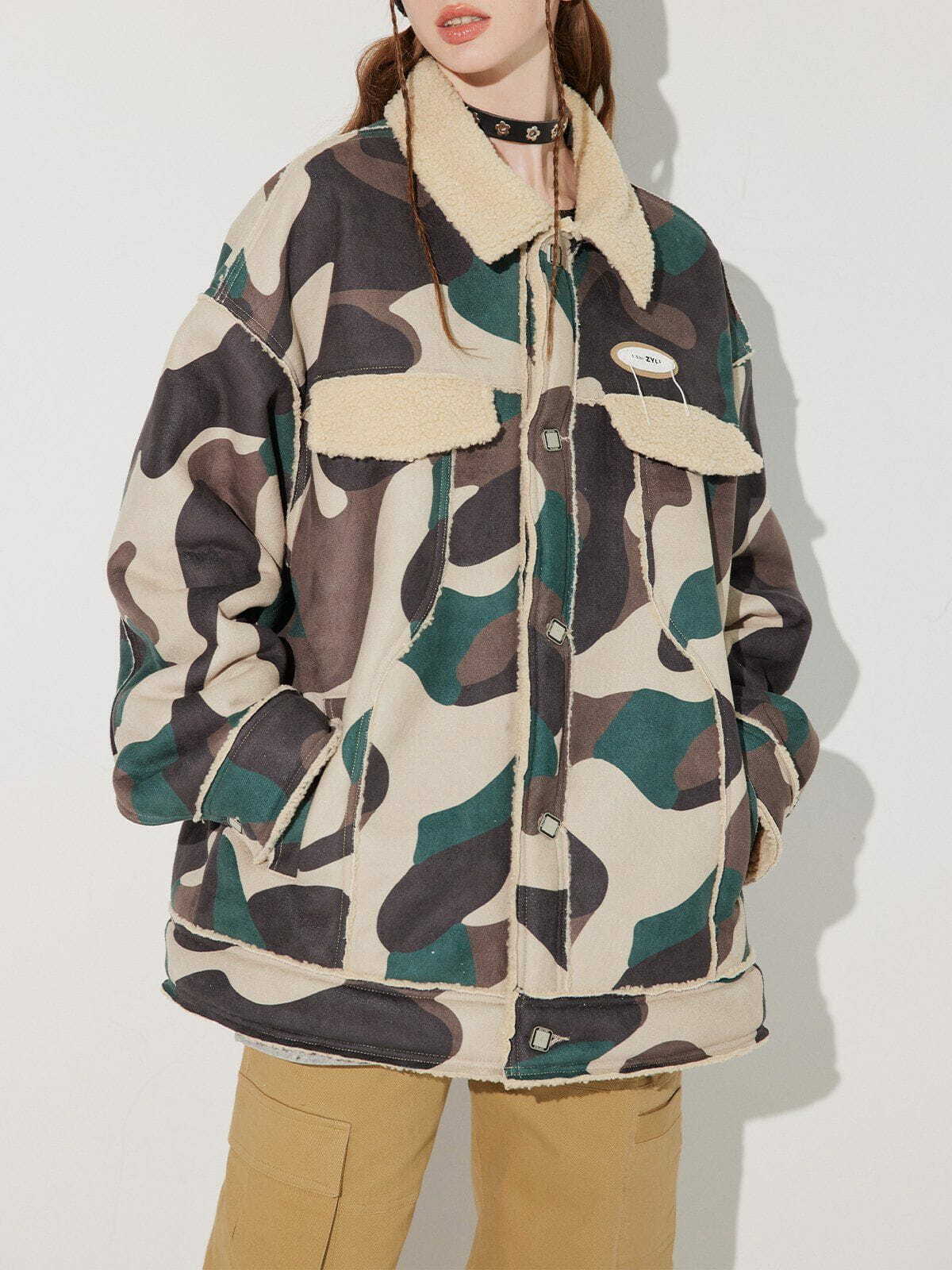 Y2K Grunge Camouflage Panel Sherpa Coat - Retro 90s Fashion for Summer Parties & Outfits