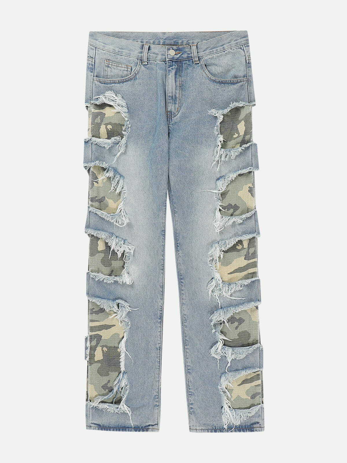 Y2K Grunge Camouflage Patchwork Jeans - Retro 90s Summer Outfit for Y2K Style Lovers