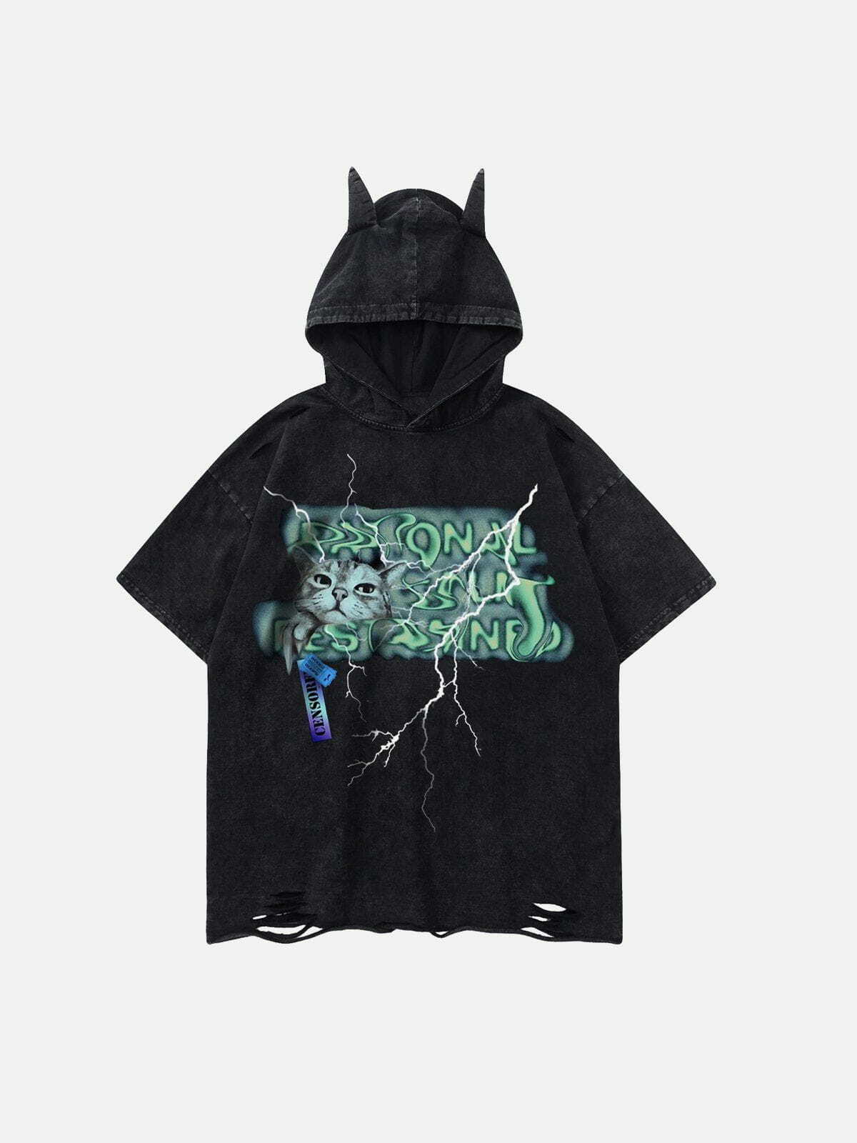 Y2K Grunge Cat Print Hooded Tee - Retro 90s Summer Outfit for Y2K Fashion Lovers