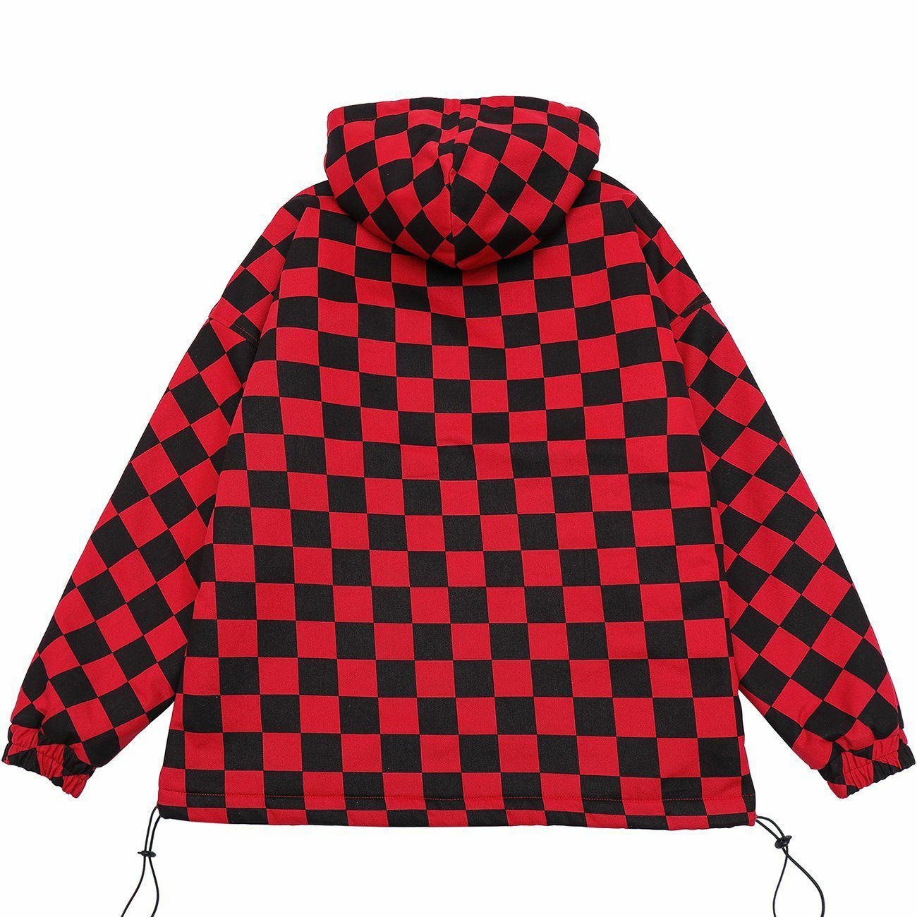 Y2K Grunge Checkerboard Drawstring Zip-Up Hooded Puffer Jacket for Retro Summer Outfits