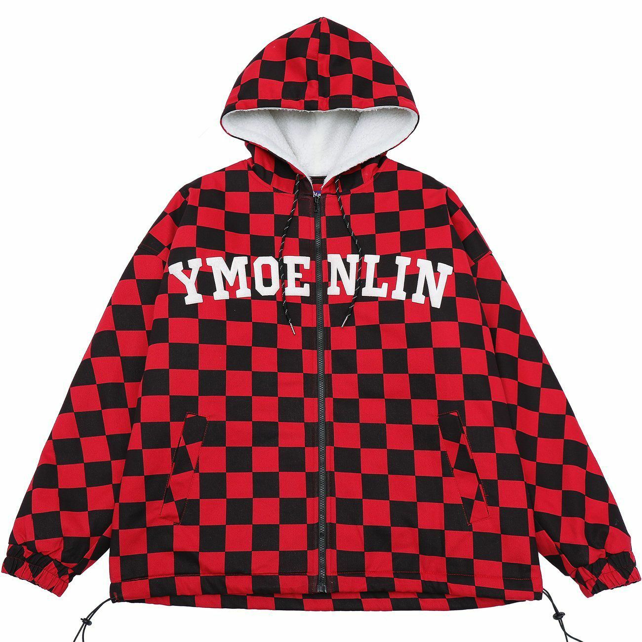 Y2K Grunge Checkerboard Drawstring Zip-Up Hooded Puffer Jacket for Retro Summer Outfits