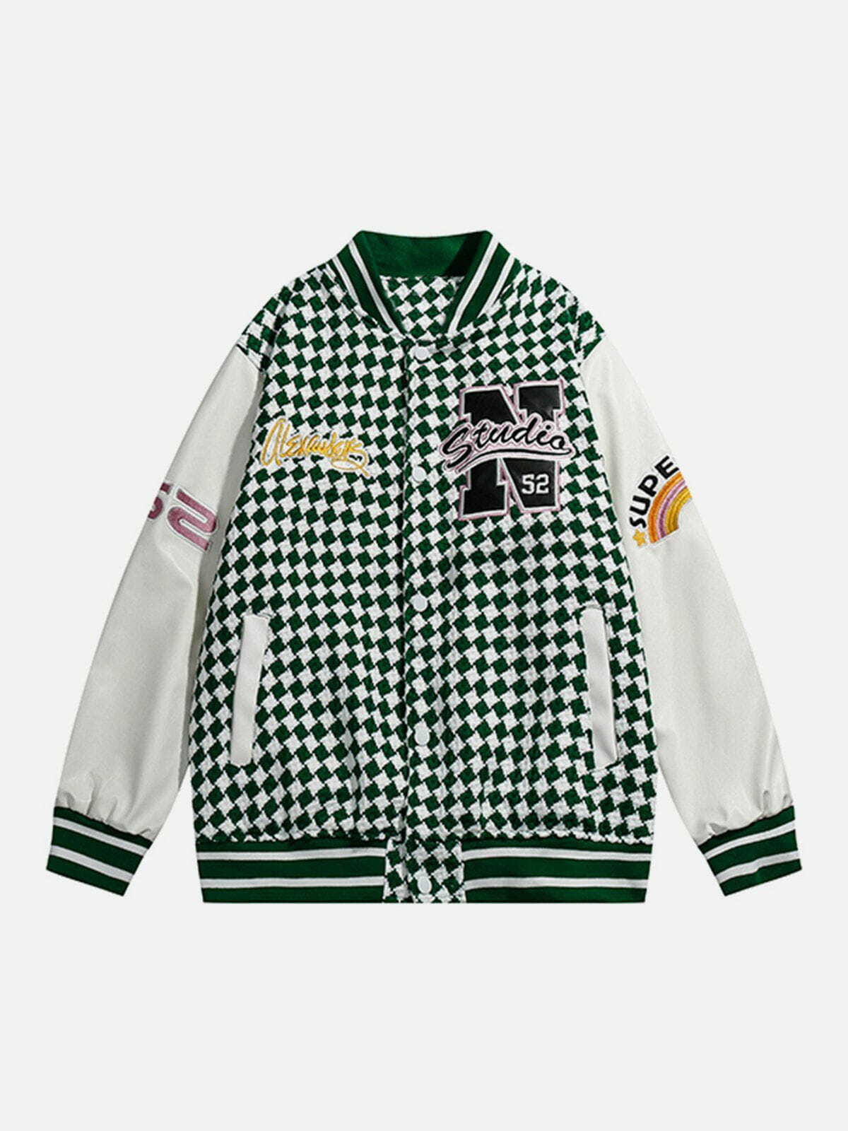 Y2K Grunge Checkerboard Embroidered Jacket - Retro 90s Summer Outfit Essential