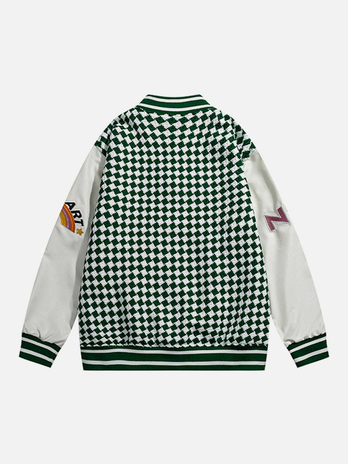 Y2K Grunge Checkerboard Embroidered Jacket - Retro 90s Summer Outfit Essential