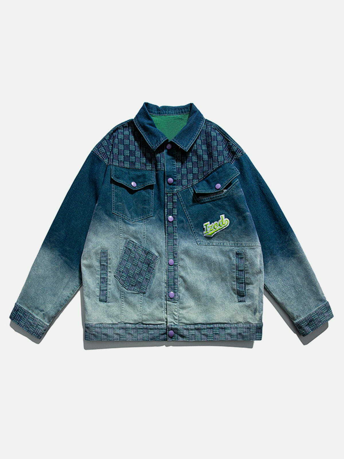 Y2K Grunge Checkerboard Gradient Denim Jacket - Retro 90s Summer Outfit Essential