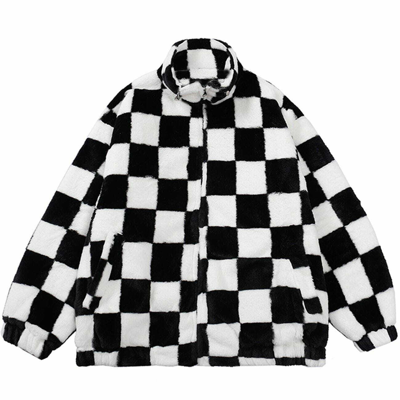 Y2K Grunge Checkerboard Winter Coat - Retro 90s Fashion for Y2K Summer & Party Outfits