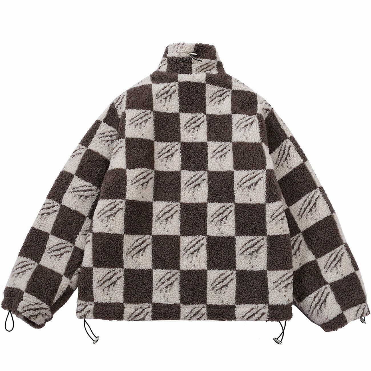 Y2K Grunge Claw Mark Checkerboard Sherpa Coat - Retro 90s Fashion for Y2K Outfits