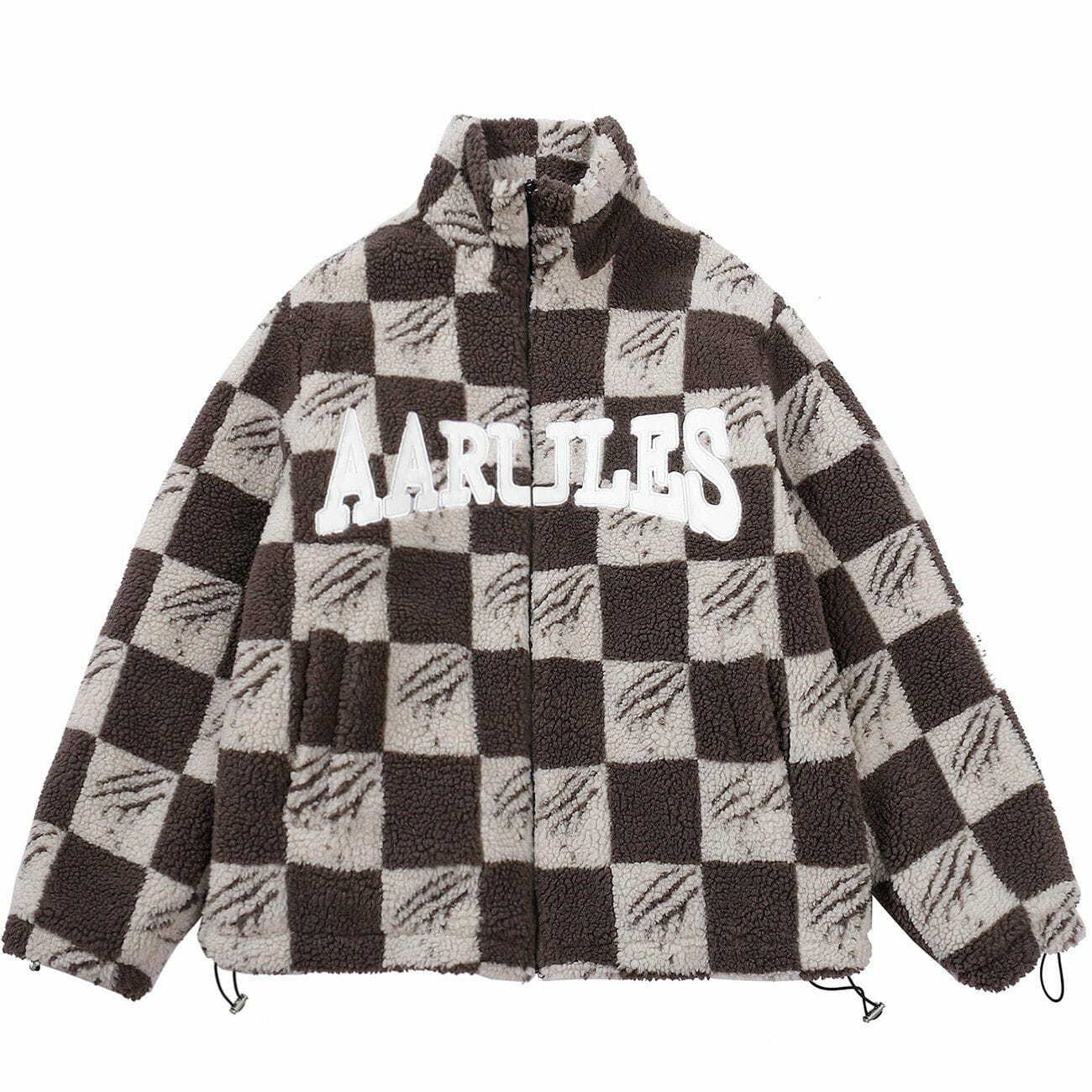 Y2K Grunge Claw Mark Checkerboard Sherpa Coat - Retro 90s Fashion for Y2K Outfits