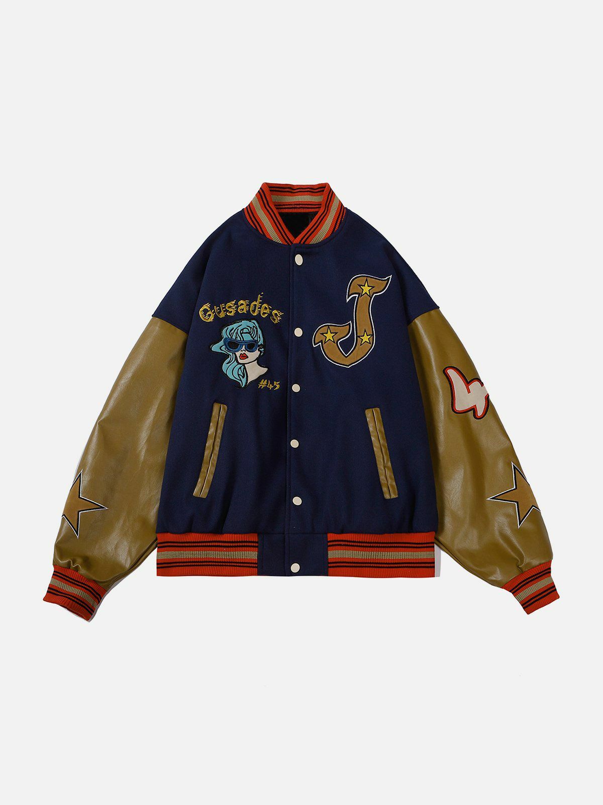 Y2K Grunge Comic Girl Embroidery Varsity Jacket - Retro 90s Summer Outfit Essential