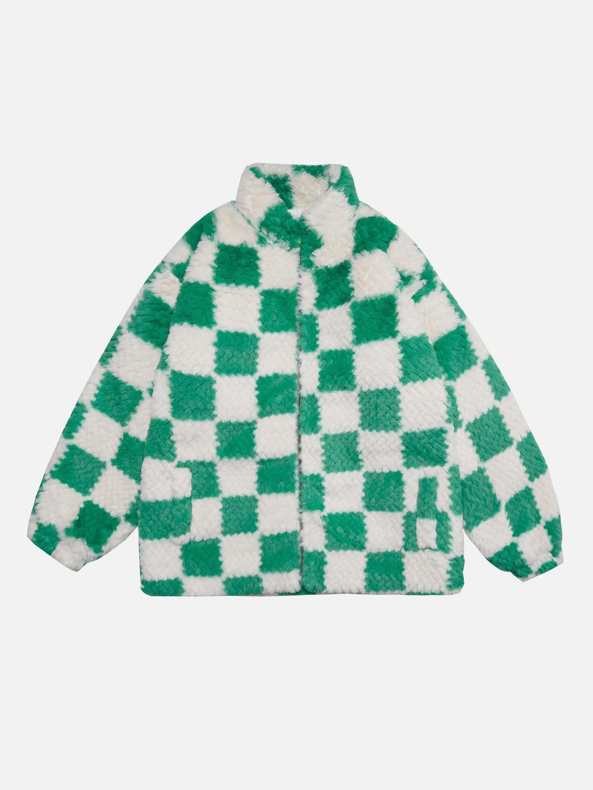 Y2K Grunge Contrast Checkerboard Sherpa Coat - Retro 90s Fashion for Summer Parties