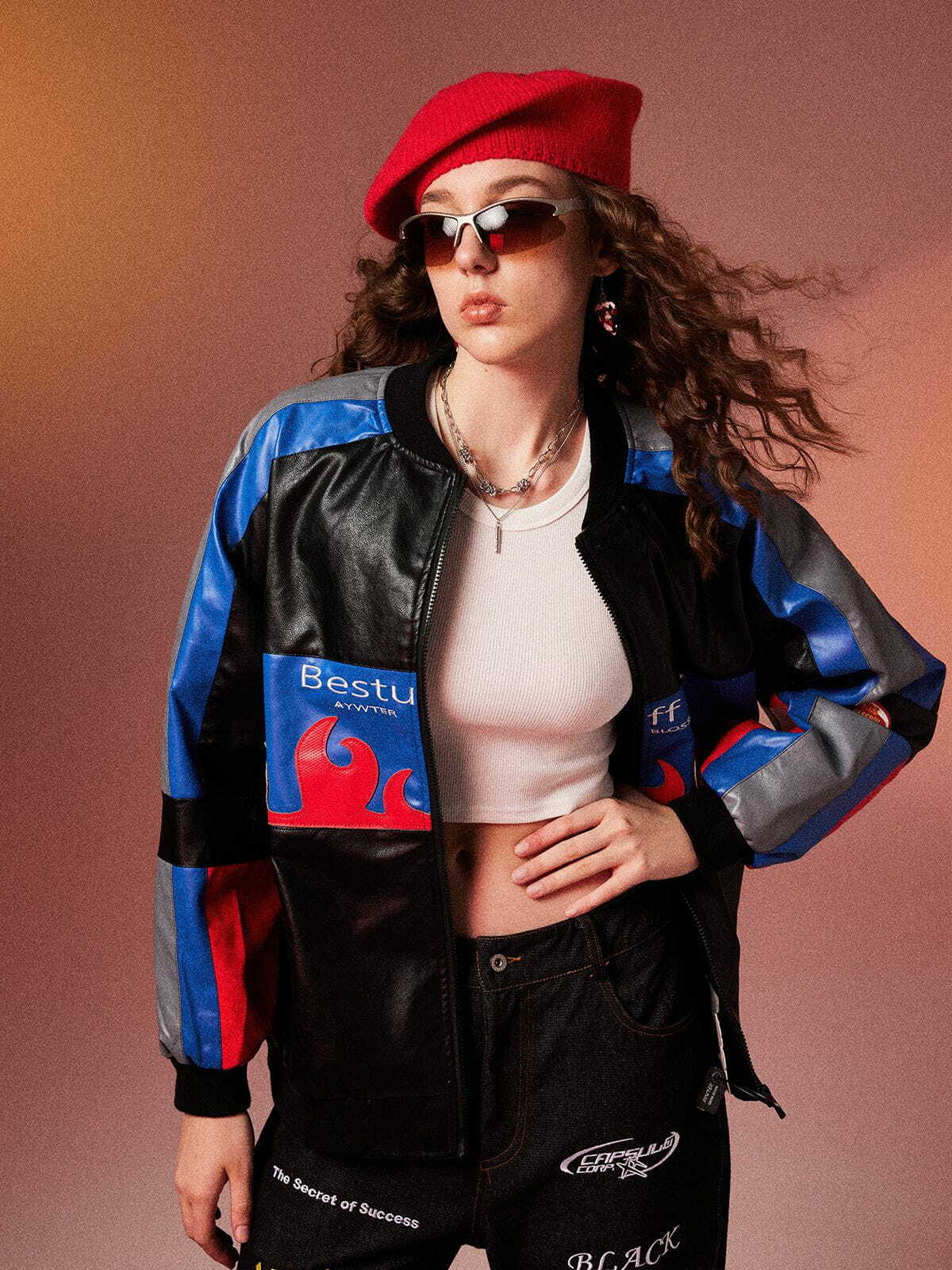 Y2K Grunge Contrast Color Flame Jacket - Retro 90s Summer Outfit for Party & Club Looks