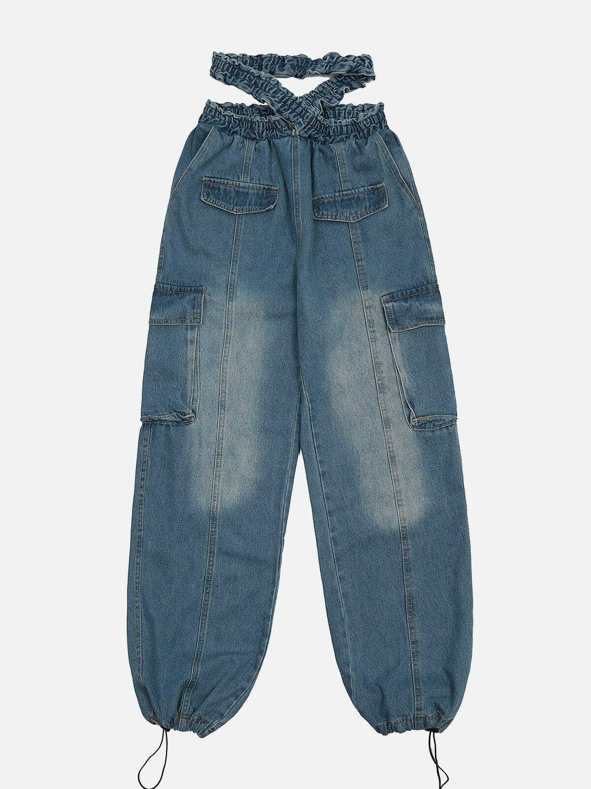 Y2K Grunge Cross Belt Washed Jeans - Retro 90s Summer Outfit for Y2K Fashion Lovers