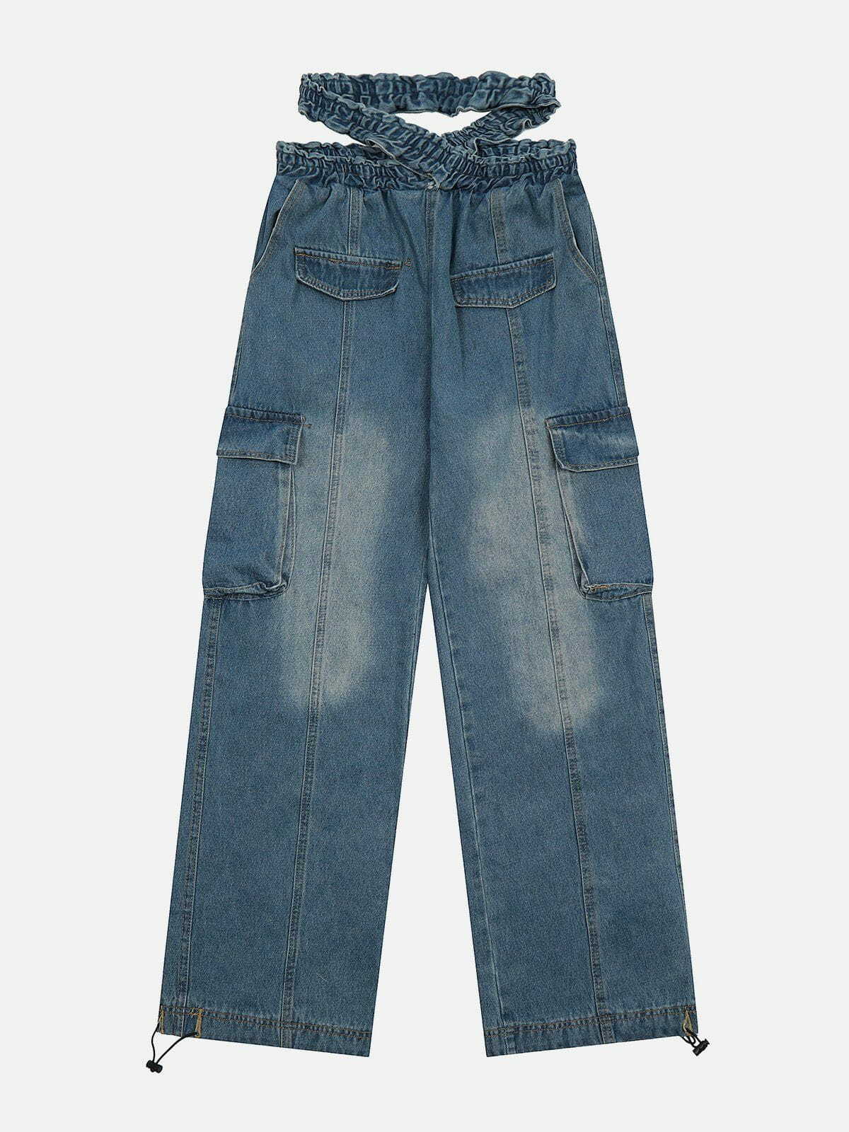 Y2K Grunge Cross Belt Washed Jeans - Retro 90s Summer Outfit for Y2K Fashion Lovers