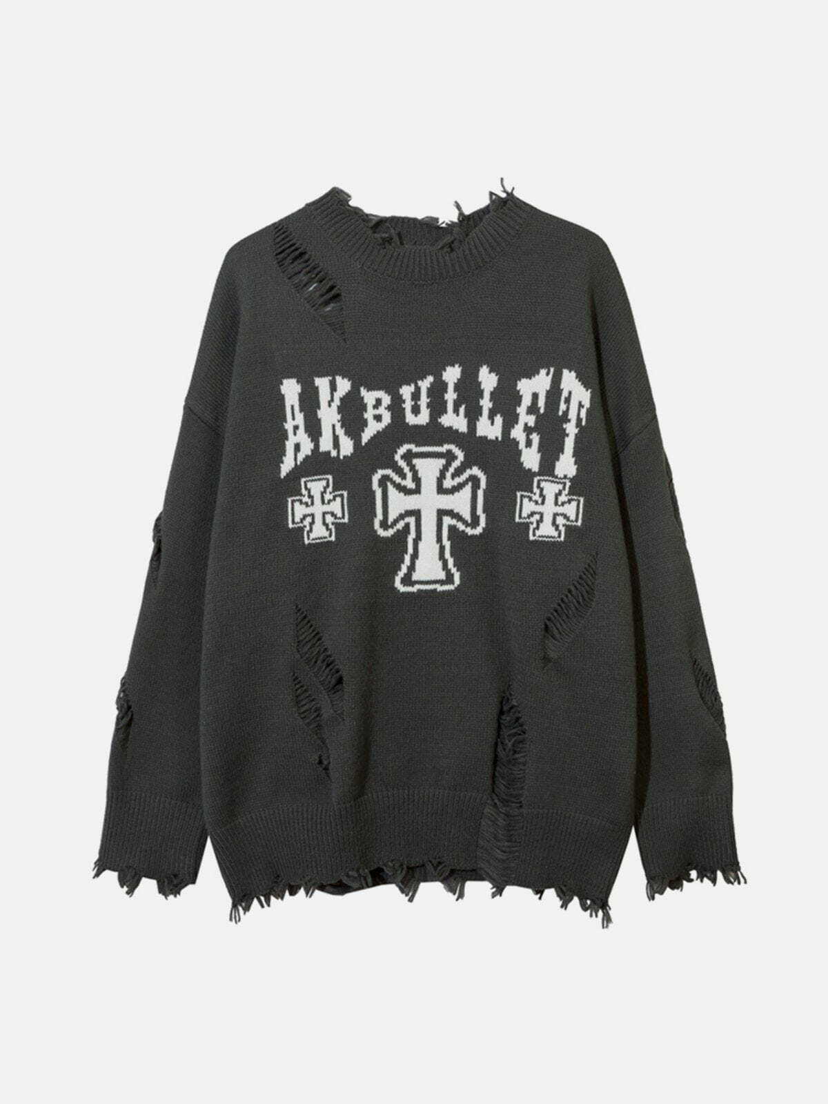 Y2K Grunge Cross Graphic Raw Edge Sweater - Retro 90s Fashion for Summer Outfits