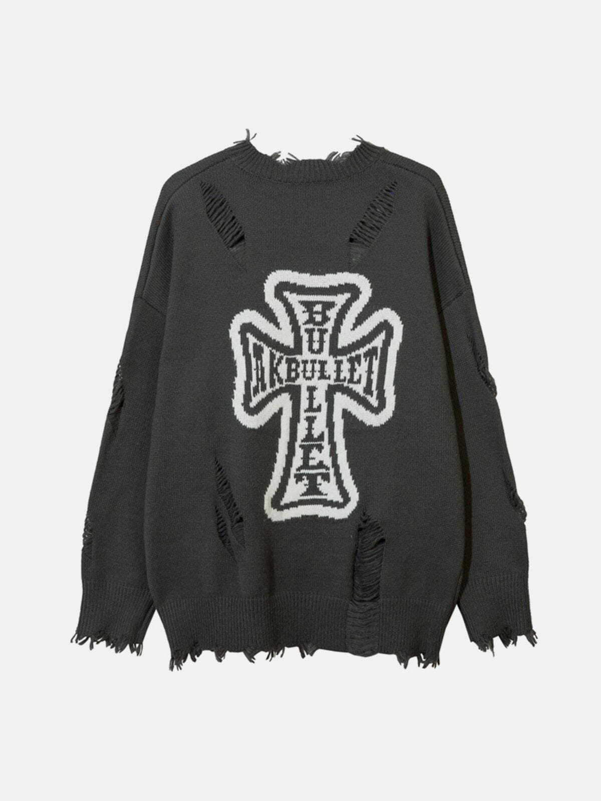 Y2K Grunge Cross Graphic Raw Edge Sweater - Retro 90s Fashion for Summer Outfits