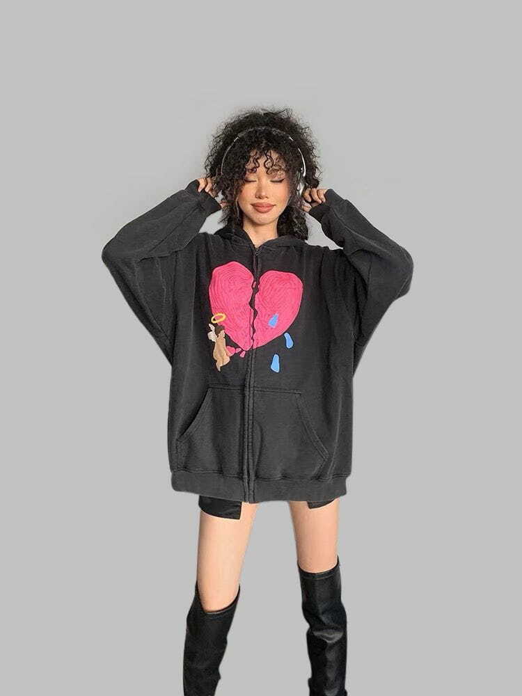 Y2K Grunge 'Cupid Pls Fix Me' Zip Up Hoodie - Retro 90s Summer Outfit Essential