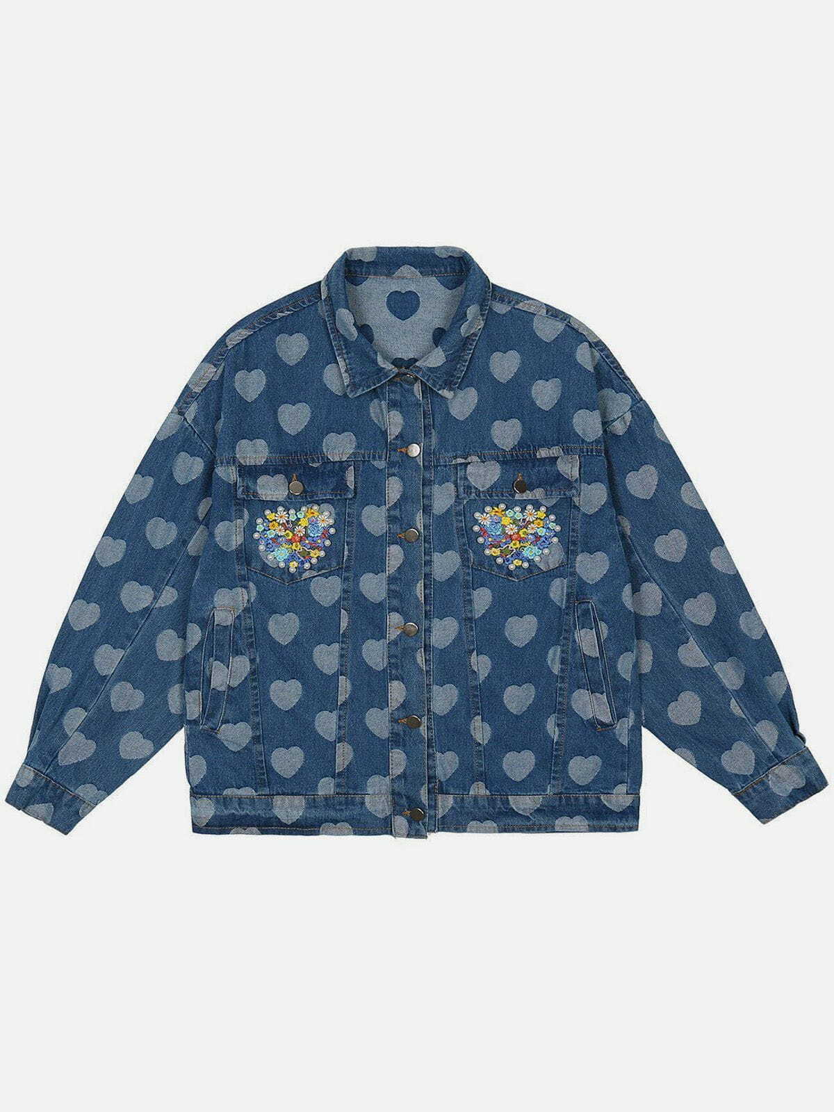 Y2K Grunge Denim Jacket with Love Embroidery - Retro 90s Summer Outfit Essential