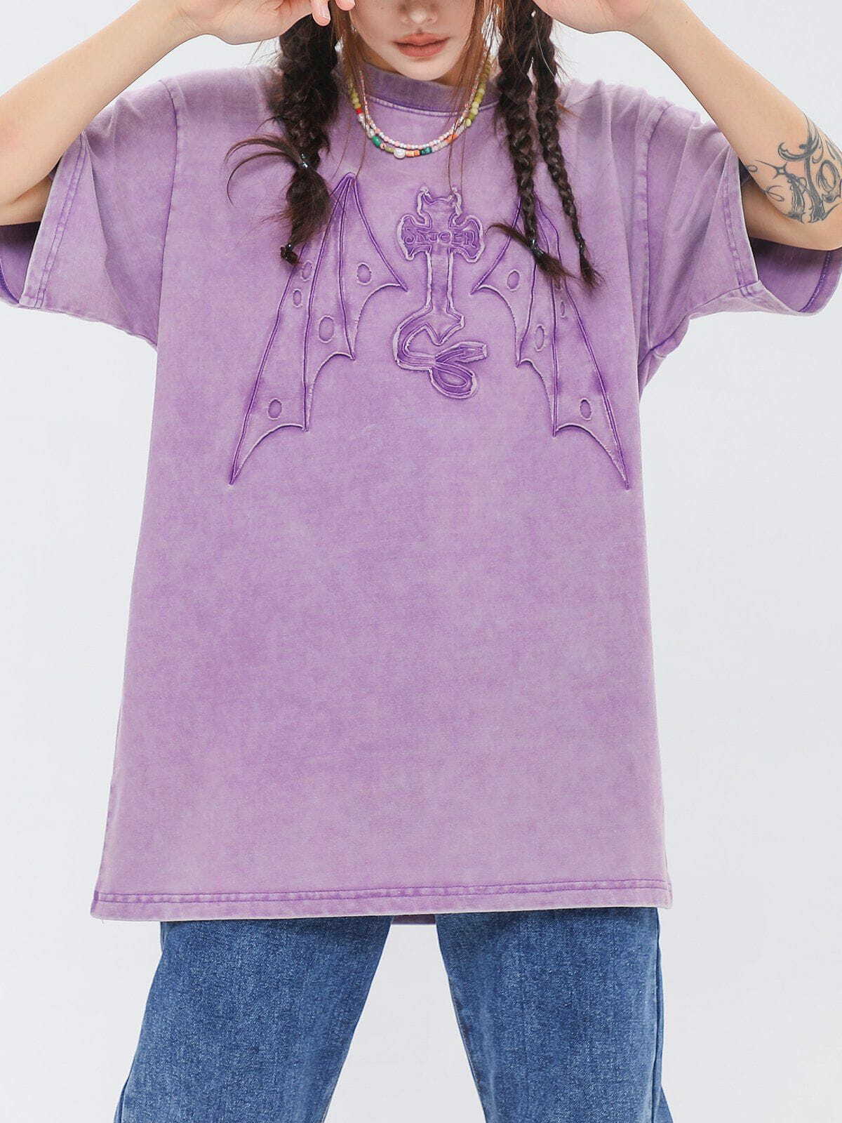 Y2K Grunge Devil Applique Embroidery Washed Tee - Retro 90s Summer Outfit Essential