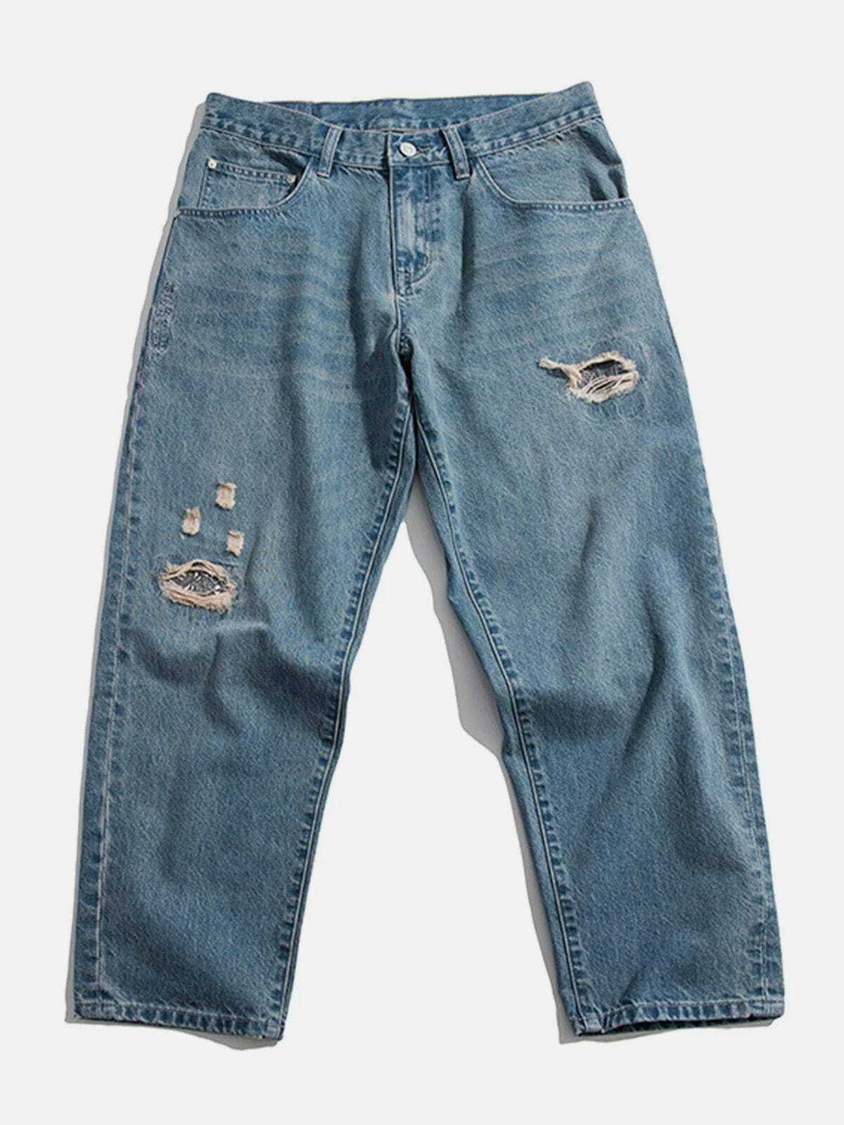 Y2K Grunge Embroidered Jeans - Retro 90s Fashion, Distressed Style for Summer Outfits