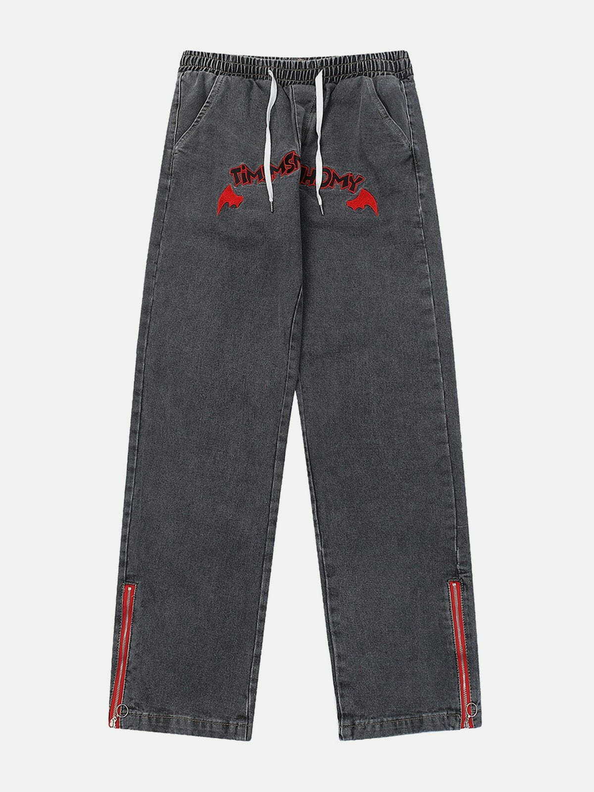 Y2K Grunge Embroidered Jeans with Little Devil Wings - Retro 90s Summer Outfit